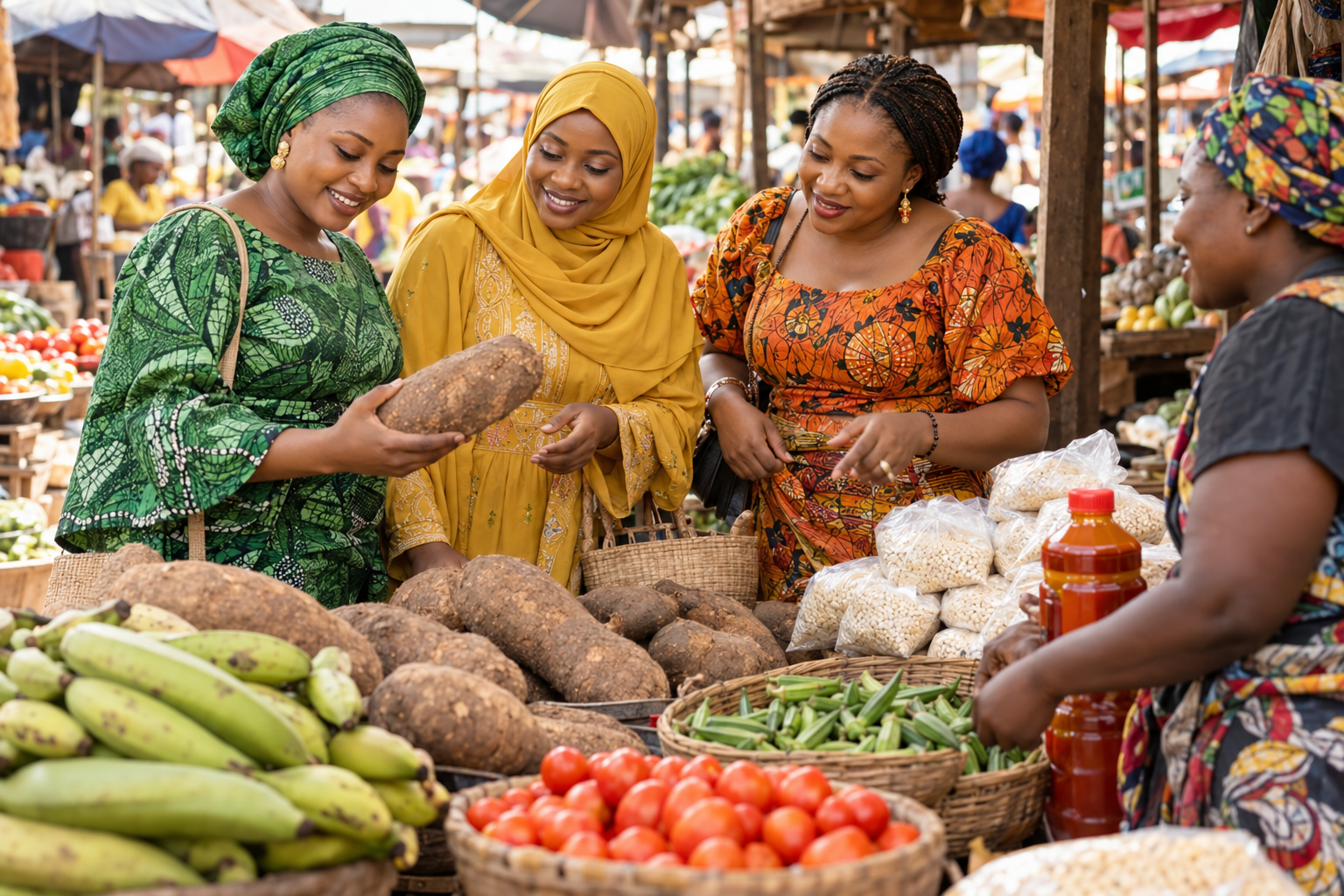 Three Nigerian women in Yoruba, Hausa and Igbo-inspired outfits shopping together at a food market